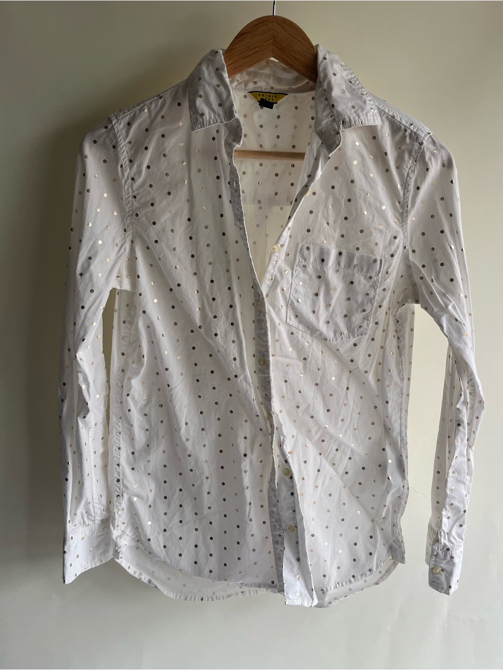 Prince & Fox button up shirt white gold polka dot long sleeve collared sz sm euc